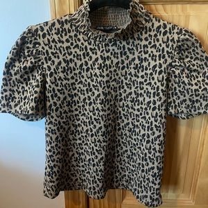 Zara Leopard Mock Neck Ruffle Short Sleeve Crop Top